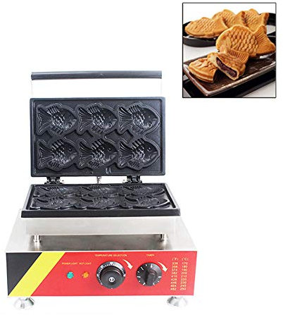 Hanchen Taiyaki 6 Piezas Gofrera Antiadherente NP-538 Máquina de Gofres en Forma de Pez Comercial Acero Inoxidable CE