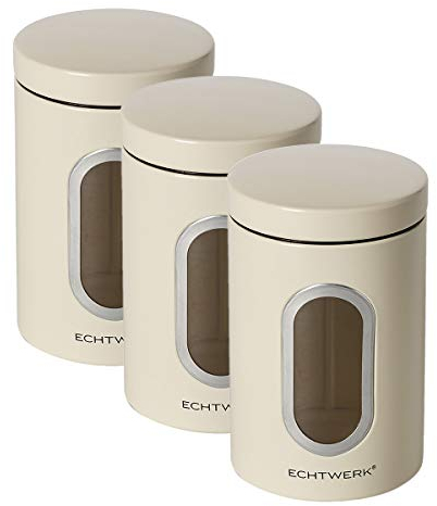 ECHTWERK stilvolle Vorratsdosen 3er Set - Creme, zur Aufbewahrung von Mehl/ Zucker/ Müsli/ Tee, Metalldose mit Luftdichtem Deckel und großem Sichtfenster, EW-CS-1053