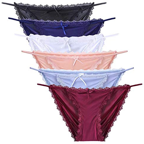 Nightease Mutandine Lingerie Donna String Bikini Slips Pizzo Biancheria Intima Culotte Seta di Ghiaccio (Confezione da 6) (L, 6 Colori)