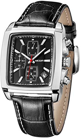 MEGIR Orologio Cronografo Quarzo Uomo Orologio Rettangolare con Cinturino in Pelle ML2061G