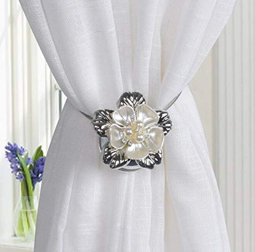 VOANZO 4 Stück Magnet Gardinenhaken Elegant Blumen Vorhang Schnalle mit Magnet - Raffhalter Holdbacks Bindung (Silber)