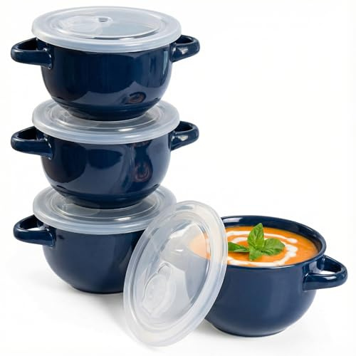KooK Französische Zwiebelsuppe mit Griffen, Keramikschüsseln für Reis, Desserts, Nudeln, Geschirrspüler, Mikrowelle, Backofen und Wasserkocher, 4-teiliges Set (blau)