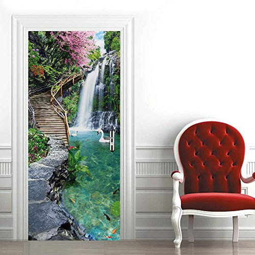 SHOMEY Türaufkleber Türtapete Selbstklebend Wasserfallteich 90 x 200 cm 3D Türposter Fototapete Türfolie wasserdichte Abnehmbare Türtapete Innentür Schlafzimmer Home Deko