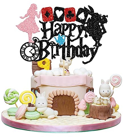 Gyufise 1Pc Glitter Happy Birthday Alice Cake Topper for Kids or Audlts Cartoon Bunny Rabbit Girls Alice in The Wonderland Theme Birthday Party Tea Party Easter Celebration Party Decoration Supplies