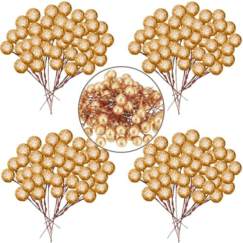 POPOYU 100pcs Christmas Berry Artificial Holly Berries, Artificial Fruits Red Berry Picks Winter Berries Bunch BerryBranches for Xmas Tree Decs,Christmas Wreath Making Decorations,Glitter Gold