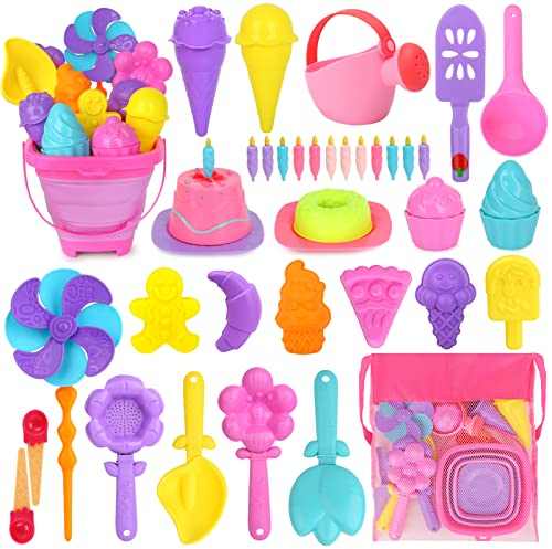 Joyreal 46 Stück Sandspielzeug EIS Mädchen Junge - Sandkasten Spielzeug Strandspielzeug Kinder mit 4 Sandschaufel, Eimer, Sandformen, Netzbeutel Strand für Kinder