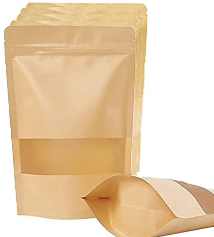 100 Stück Kraftpapier Mit Fenster, Zip papiertüten braun, Wiederverwendbare Standbodenbeutel, Kraftpapierbeutel, Kraftpapier Tüten, Papiertüte versiegeln für Lebensmittel Kaffee, Getrocknete Früchte