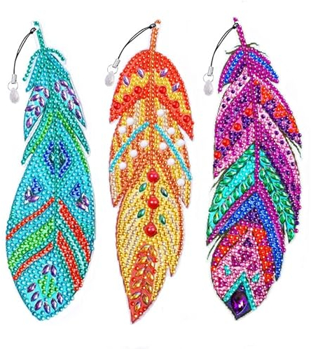FINEASY 3 Stück 5D Diamond Painting Lesezeichen,Geburtstag Geschenke Lesezeichen Personalisiert Kinder,DIY Feather Bookmark Geschenke für Frauen Mädchen Freundin,DIY Making Arts Crafts Geschenk