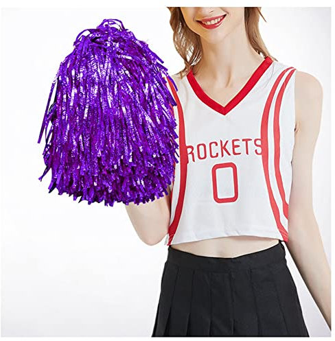 SHTGOI 4 Stück Cheerleading Pompons Metallfolie Cheerleader Pom Poms Cheers Blumenball mit Ring Hell Bunt Tanzpuschel Handblumen für Tanzparty Schule Sport Wettbewerb Karnevalspartys Lila