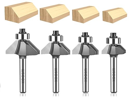 WSOOX 45 Grad Fasenfräser-Bits mit 1/4 Zoll Schaft, 4 Stück abgeschrägte Kanten Forming Router Bits (Schnittdurchmesser: 1/4 Zoll, 5/16 Zoll, 3/8 Zoll, 1/2 Zoll)