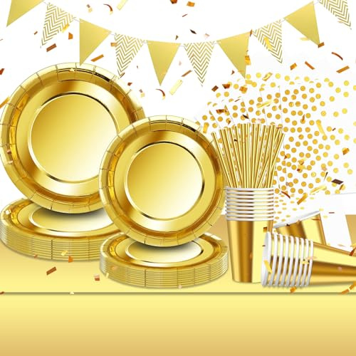 Geburtstag Partygeschirr Set Gold, 20 Gäste Kindergeburtstag Pappteller, Papierbecher, Servietten, Stroh, Tischdecke Partydeko Tischdeko für Hochzeitsfeier, Geburtstag, Weihnachten Dekorationen
