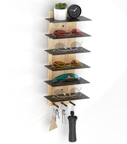 MoKo Sonnenbrillen Organizer Brillenaufbewahrung, Holz Brillenhalter Präsentationsregal mit 6 Ebenen & 3 Haken, Wandorganizer Schlüsselbrett für Eingangsbereich Wohnzimmer Schlafzimmer, Holz + Schwarz