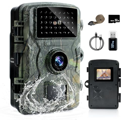 flintronic Wildkamera,1080HD 16MP Wildkamera mit 2.0 LCD-Bildschirm,0.8s Schnelle Trigger Nachtsicht Bewegungsmelder,mit 39 leuchtenden Infrarot-LEDs,90° Erfassungswinkel, IP66,mit32G Speicherkart