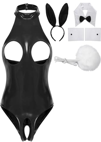 TiaoBug Dam wetlook body lack läder stringbody ouvert underkläder med kaninöron hårband fluga manschetter cosplay kostym gogogo klubbkläder, svart, S