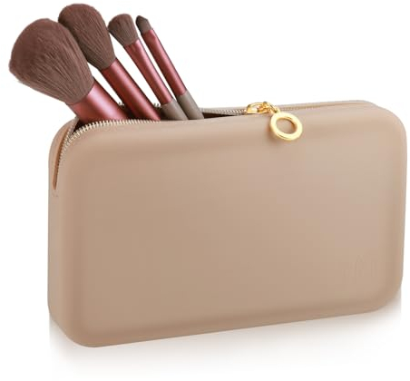 Zocipro Make Up Pinsel Tasche, Silikon Tasche Pinseltasche Tragbarer,Tragbarer Kosmetiktasche, Makeup Pinsel Organizer für Reisen, Große Schminktasche Kosmetiktasch Organizer (Khaki)