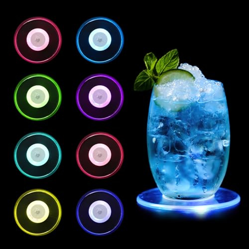 SUNJULY 8 Stück Bunt LED Untersetzer, LED Leuchtende Untersetzer mit 7 Lichtmodi, Acryl Runder Wasserdichter Untersetzer für Gläser Flaschen Partys Hochzeiten Bar Weihnachten Dekoration Geschenk