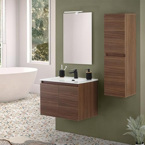 Inbagno Mobile bagno sospeso 70 cm noce canaletto con 2 ante soft-close, lavabo in ceramica e specchio reversibile 60x80 cm, KLEO