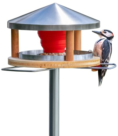LicusDesign Vogelhaus mit Ständer wetterfest aus Edelstahl - Stabiles Vogelfutterhaus für draußen, modern aus Metall - Vogelfutterstation - Futterhaus für Vögel stehend