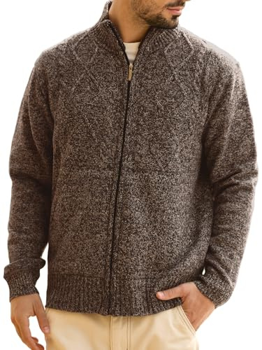 Hommes Cardigan Veste en Maille Grosse Tricoté avec Col Debout Décontractée Ouvrez-Front Zippé Gilet Automne Hiver Chaud Pulls en Sweat