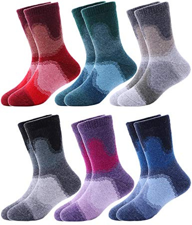 Sandsuced Kids Thermal Warm Merino Wool Socks for Walking Toddlers Boys Girls Winter Thick Heavy Cosy Cabin Boot Crew Hiking Striped Socks 6 Pairs