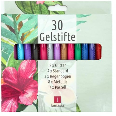 TerCasa 998701 Gelpennor set med 30 gelpennor med glitter, regnbåge, metallisk, standard och pastellfärgeffekter, 30 gelmålpennor för mjuk skrivning och ritning