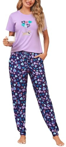 Bresdk Pijamas Mujer Verano Conjunto de Pijama Algodon Lindo Camiseta Manga Corta Pantalón de Pijama Globo Morado M