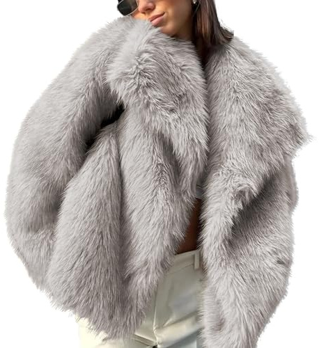 Ainangua Womens Faux Fur Coat Shaggy Oversized Lapel Button Fuzzy Ladies Jackets Warm Winter Outfits(Light-grey,M)