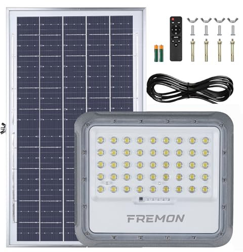 FREMON Solarlampen für Außen, 100W Solar Strahler Außen, 1200LM Timing Funktion Solar Wandleuchte Aussen mit Fernbedienung, 5M Kabel led strahler außen für Hof, Garten, Garage, Hau, Haustüren, Rasen
