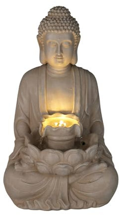 Well Home Fuente Buda en color Arena con Luces LED para Espacio Exterior 28,5x24,5x48cm