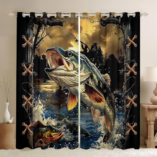 Loussiesd Cortinas de lubina y peces grandes para dormitorio (2 paneles, 66 pulgadas de ancho x 90 pulgadas de largo) cortinas de oscurecimiento de peces lucios para niños y niñas, pesca y caza,