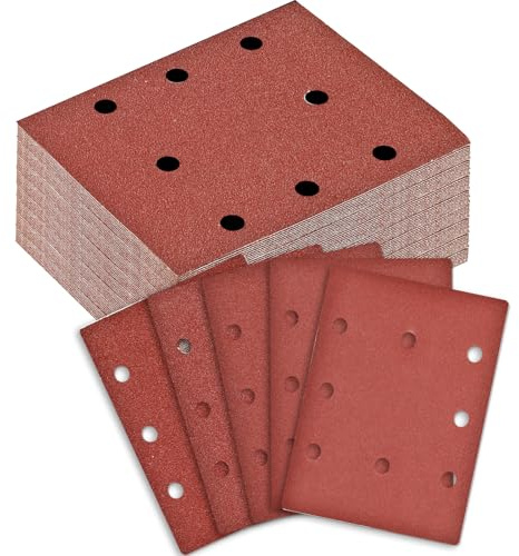 BIGP 100 Pezzi Fogli Abrasivi per Levigatrice Orbitale, Dischi Abrasivi Carta Vetrata a 8 Fori, 20 Ogni Grana: 40/60/80/120/240, Adatto per Lucidatura, Rimozione della Ruggine, Finitura (110x115mm)