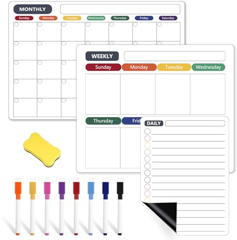 3-Pack Magnetic Dry Erase Calendar Whiteboard Set for Fridge,Wall, Monthly, Weekly & Daily Planners,Magnetic Whiteboard with 8 Markers & Eraser, Perfect as Family Reminder and Memo Board
