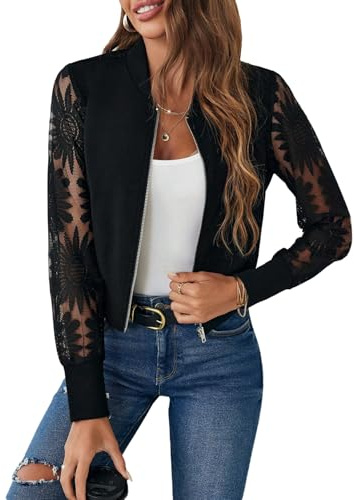 GORGLITTER Damen Bomberjacke Langarm Spitze Jacke mit Reißverschluss Leicht Blouson Übergangsjacke Spitzenjacke Freizeitjacke Herbstoutfit Schwarz L