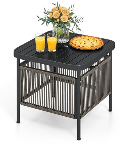 LIFEZEAL Tavolino da Giardino, Tavolo Balcone Piccolo, Esterno, con Foro per Ombrellone, 56x56x49cm, in PE Rattan, Metallo, con Piano a Sbarre, Piedini Regolabili, Max 50kg, Moderno, Salvaspazio, Nero