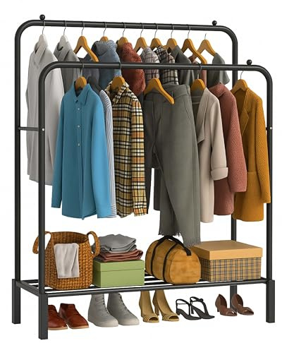 DIVCHI Double Rail Clothes Rack Heavy Duty Freestanding Metal Garment Organizer Stand with Dual Hanging Bars & Bottom Storage Shelf & Hook for Bedroom Laundry Room & Entryway (Black)