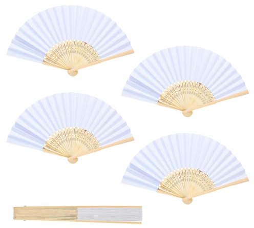 4 x Abanico Plegable de Mano Tela Regalo Recuerdo Detalle para Invitados de Boda Fiesta o Baile Arte Madera con Caja Papel para Guardar (Blanco)