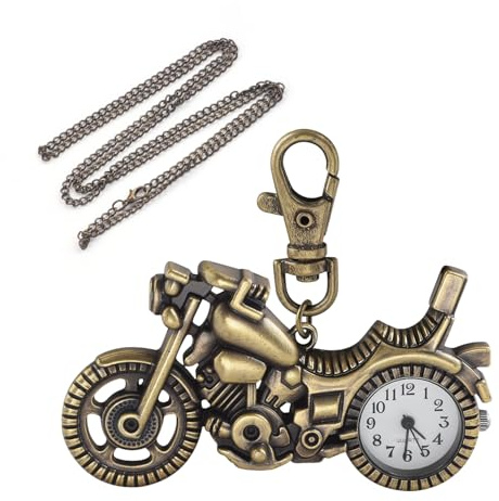 Tiong Brown Retro Motorcycle Men's Quartz Pocket Watch with Keychain and Chain, Convenient Practical Accessory