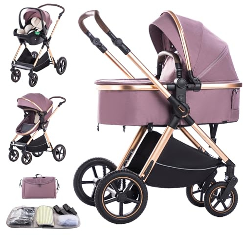 Shineey Passeggino trio, combinazione carrellino per bebè 3 in 1 passeggino cittadino con buggy pieghevole di lusso con carriola per bambini ad alta vista portatile con neonato (D2 Purple, H2-D)
