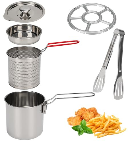 Les-Theresa 1200Ml Steel Pour Fry Pot, Deep Frying Pot with Basket and Lid Cooking Oil Filter Pot, Cooking Oil Strainer Pot with Clip Stove Top Deep Fryer for Storing, Frying, and Cooking (1.2L)