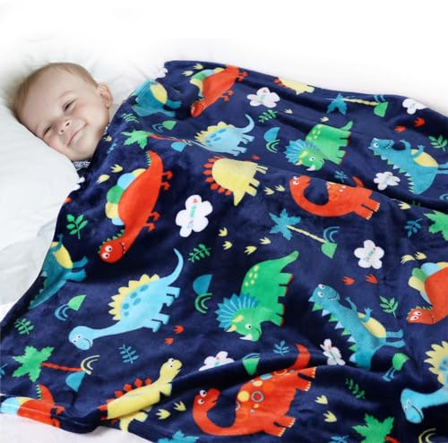 Dinosauriefilt för barn, mysig dinosaurietröja för pojkar och flickor, mjuk flanellfilt med färgglad söt dinosauriedesign, varm barnfilt soffa filt, (100 x 130 cm, blå)
