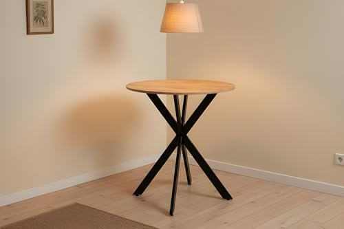 SAM Esszimmertisch Kahlo | Ø 70 cm | Holz | Farbe Eiche | 15 mm | Bistrotisch rund | Esstisch mit stabilem Metallgestell | Moderne Kreuzform