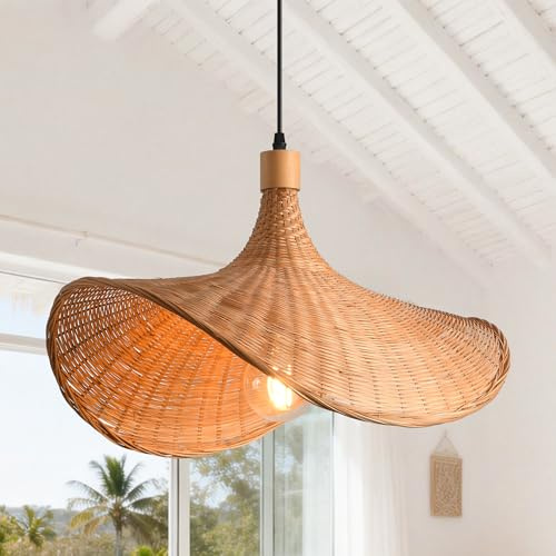 Parrot Uncle Boho Rattan Pendelleuchte, 50x40 cm Bambus Lampenschirm, Korb Hängelampe, Höhenverstellbar, E27-Fassung für Esszimmer, Wohnzimmer, Schlafzimmer, Flur(keine Glühbirne) [Energieklasse A]