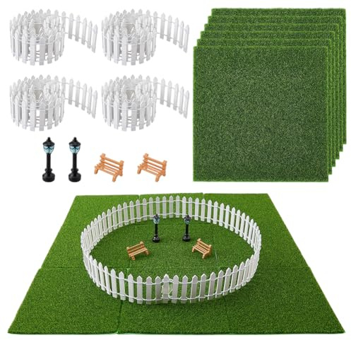 FINGERINSPIRE Ensemble Décoratif Mini Jardin pour Maison de Poupée Comprenant 4 Pcs Clôture en Bois, 6 Pcs Tapis de Gazon Artificiel en TPE, 2 Pcs Lampadaire en Bois et 2 Pcs Mini Chaise Plastique ABS