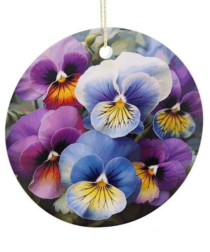 LZQPOEAS Pansy Perfection Round Ceramic Pendant Hanging Festival Ornament, Personalized Double Sided Ceramic Home Decor, Lightweight Durable Hanging Ornament Gift for Home, Party, Women Men