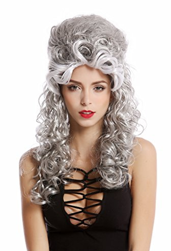 WIG ME UP - 90904-ZA63/ZA103+ZA62 Perücke Damen Halloween Karneval Barock Renaissance Hochsteckfrisur lang lockig schwarz silber grau weiß gesträhnt