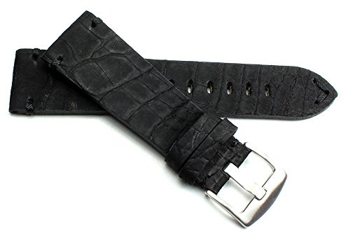 Sulla 24mm Echt Alligator Vintage Nubuk hangemacht in Deutschland Uhrenarmband in Schwarz. Rauleder