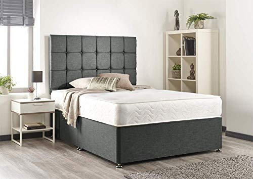 Bed Centre Grey Linen Memory Foam Divan Bed Set – Double (135×190 cm) with Mattress & Headboard | No Drawers | Modern Design | Easy Assemble | UK Made