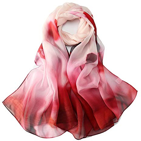 JWSilk Bufanda larga de gasa de seda con estampado floral, Rojo -, 69x26