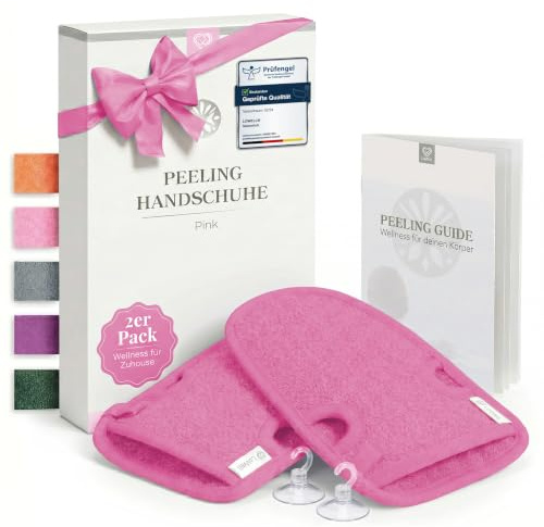LoWell® Peelinghandschuh 2er Set – Hamam Handschuh – Pink | für Körper & Gesicht – zur Hautreinigung – inkl. Peeling Guide & 2 Saugnäpfe