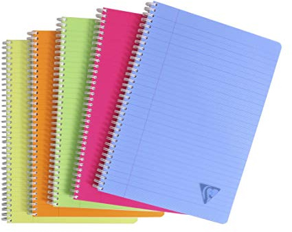 Clairefontaine 328146C - Packung mit 5 Doppelspiralbücher Linicolor Fresh DIN A4, 90 Blatt liniert mit Rand, 90g, farbig sortiert, 5 Stück